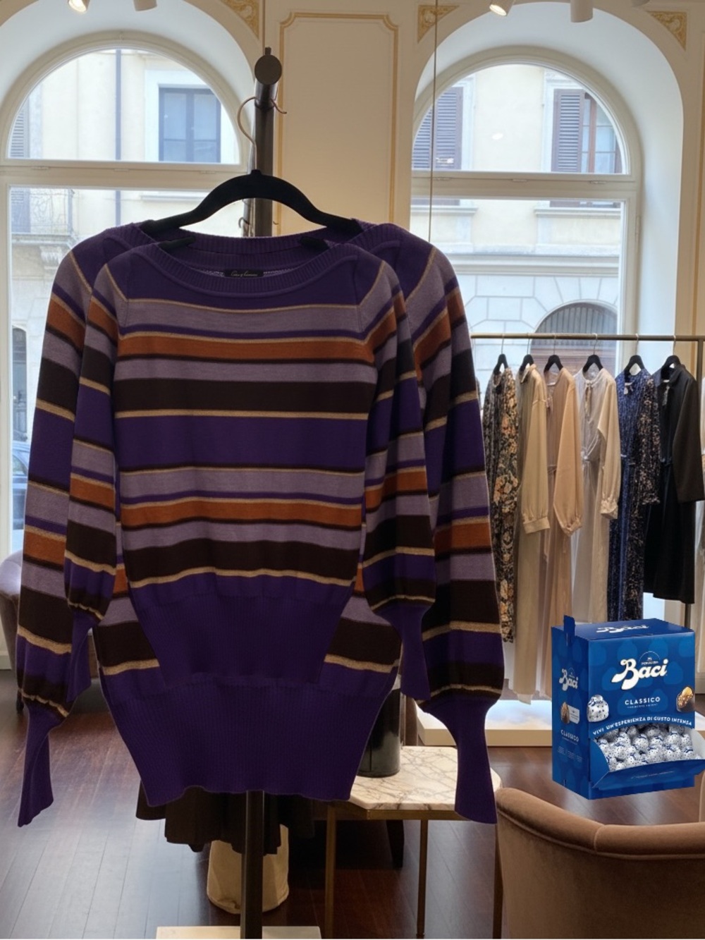 Luisa Spagnoli Italian purple Stripe virgin wool sweater metallic trim size s